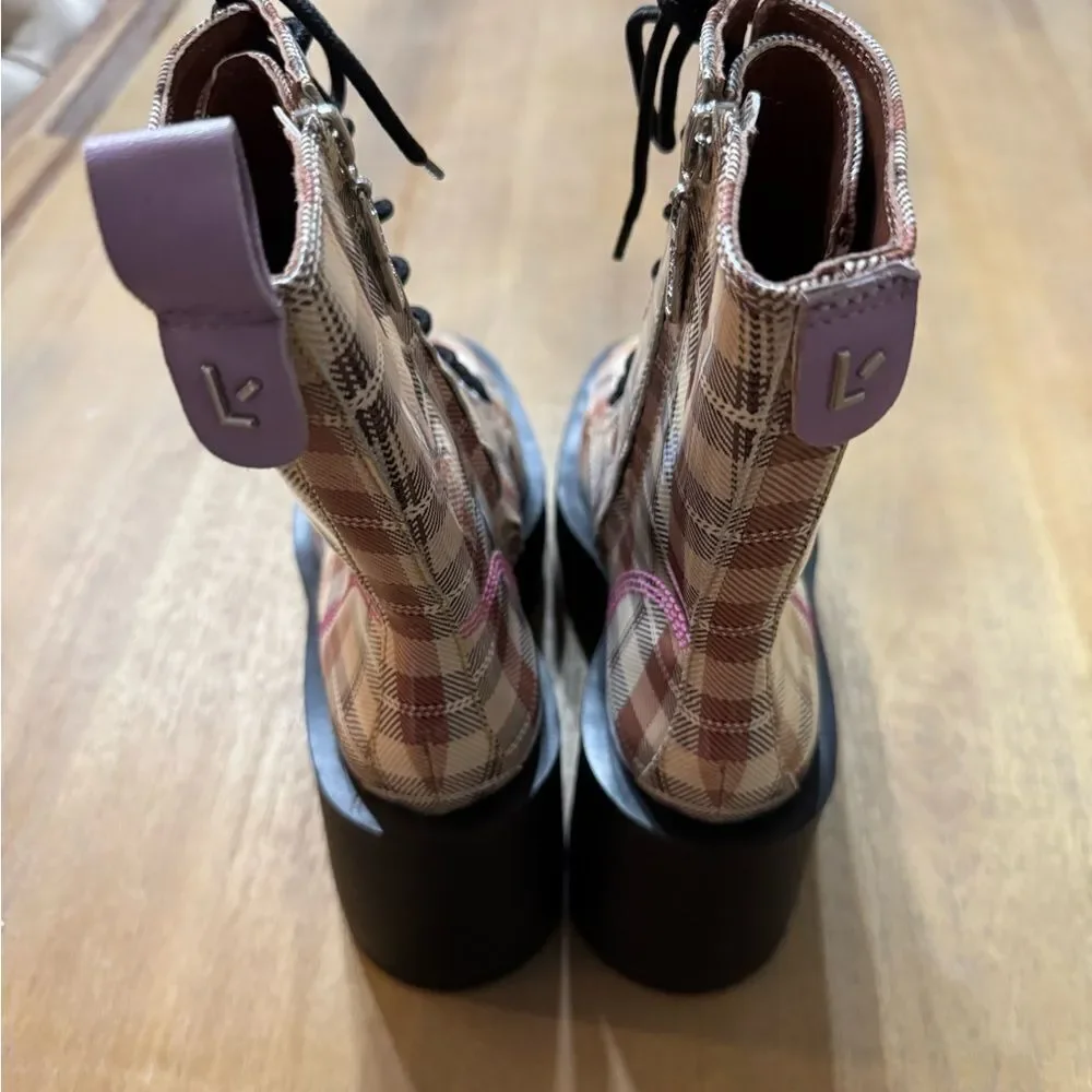 Larroude‎ Plaid Patent Leather Chunky Heel Platform Combat Boot Size 8